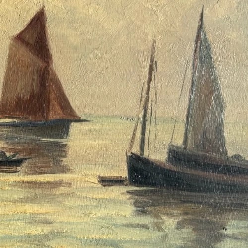 Landscape, Nature, Winter, Boats, Mountain - Antique Oil Painting Signed - 5