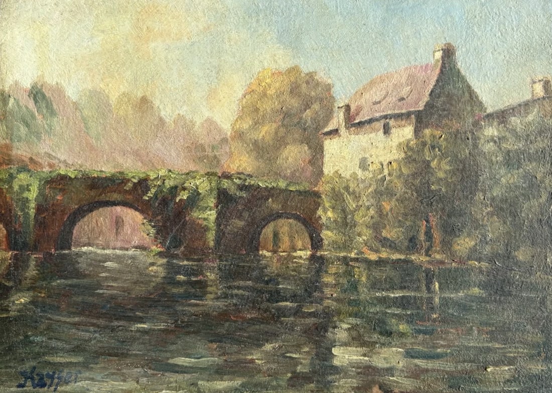 Landscape, River, House, Bridge - Painting Antique Original (1 of 8)