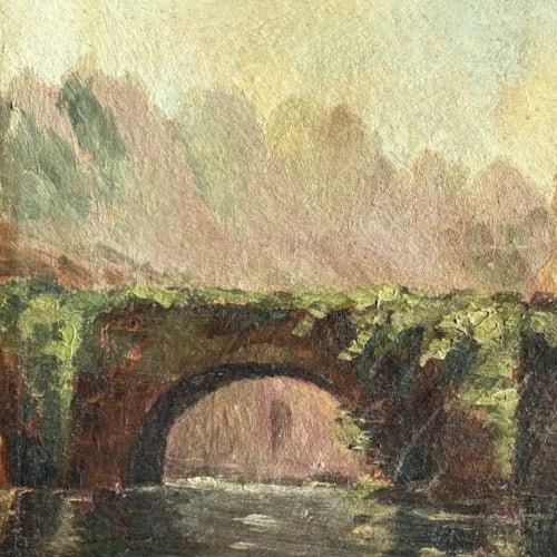 Landscape, River, House, Bridge - Painting Antique Original - 4