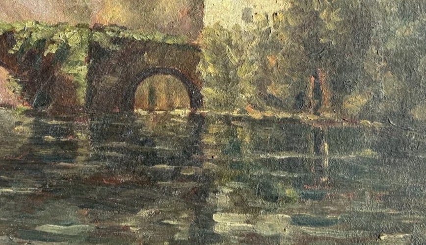 Landscape, River, House, Bridge - Painting Antique Original - 5
