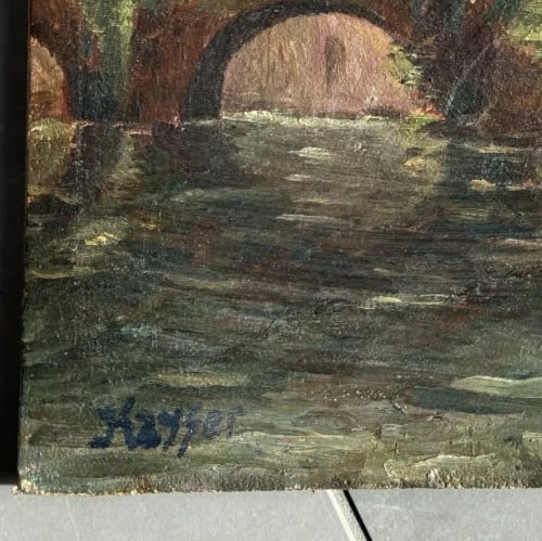 Landscape, River, House, Bridge - Painting Antique Original - 6