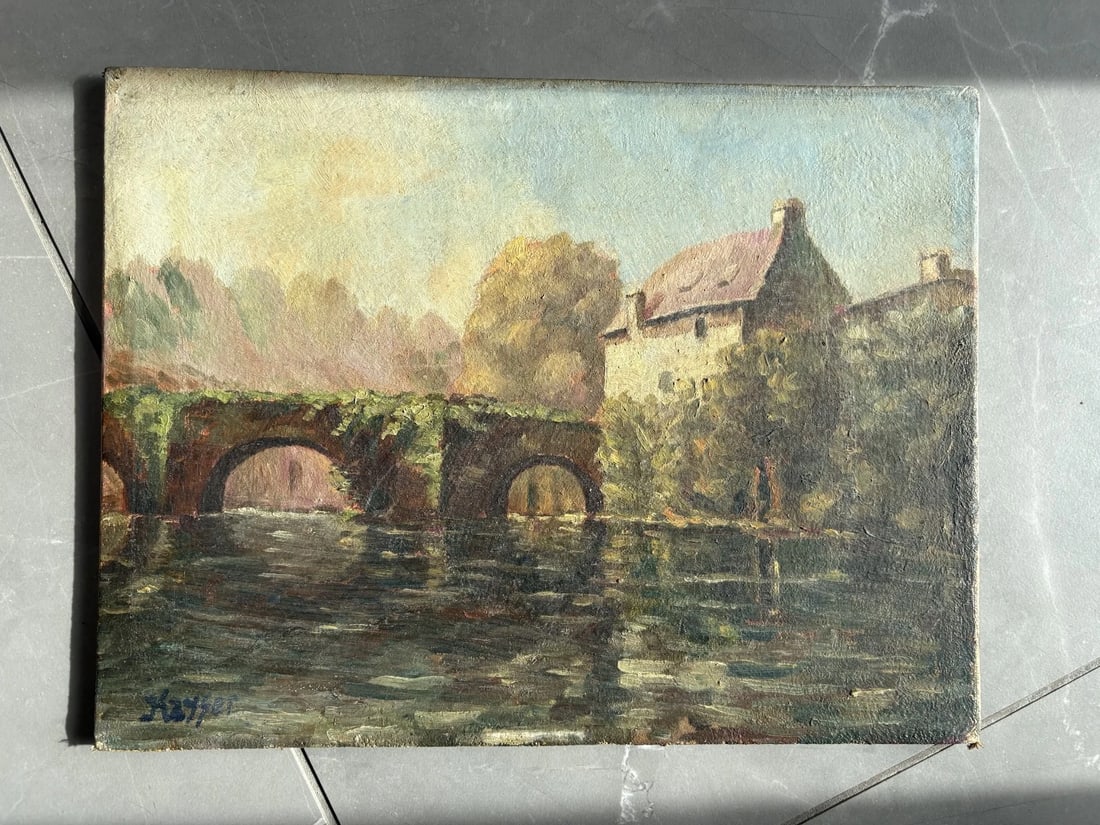 Landscape, River, House, Bridge - Painting Antique Original - 7