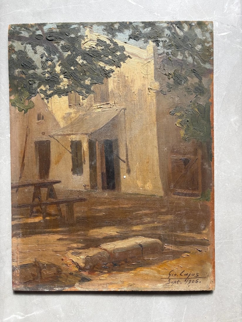 Landscape, Trees, House, Summer - Painting Antique Original signed - 2