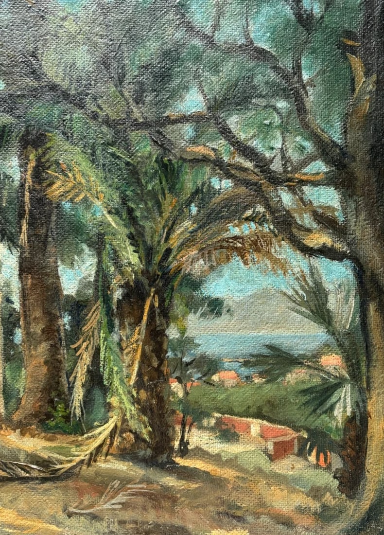 Landscape, Trees, Palm, Seaview - Painting Antique Original (1 of 8)