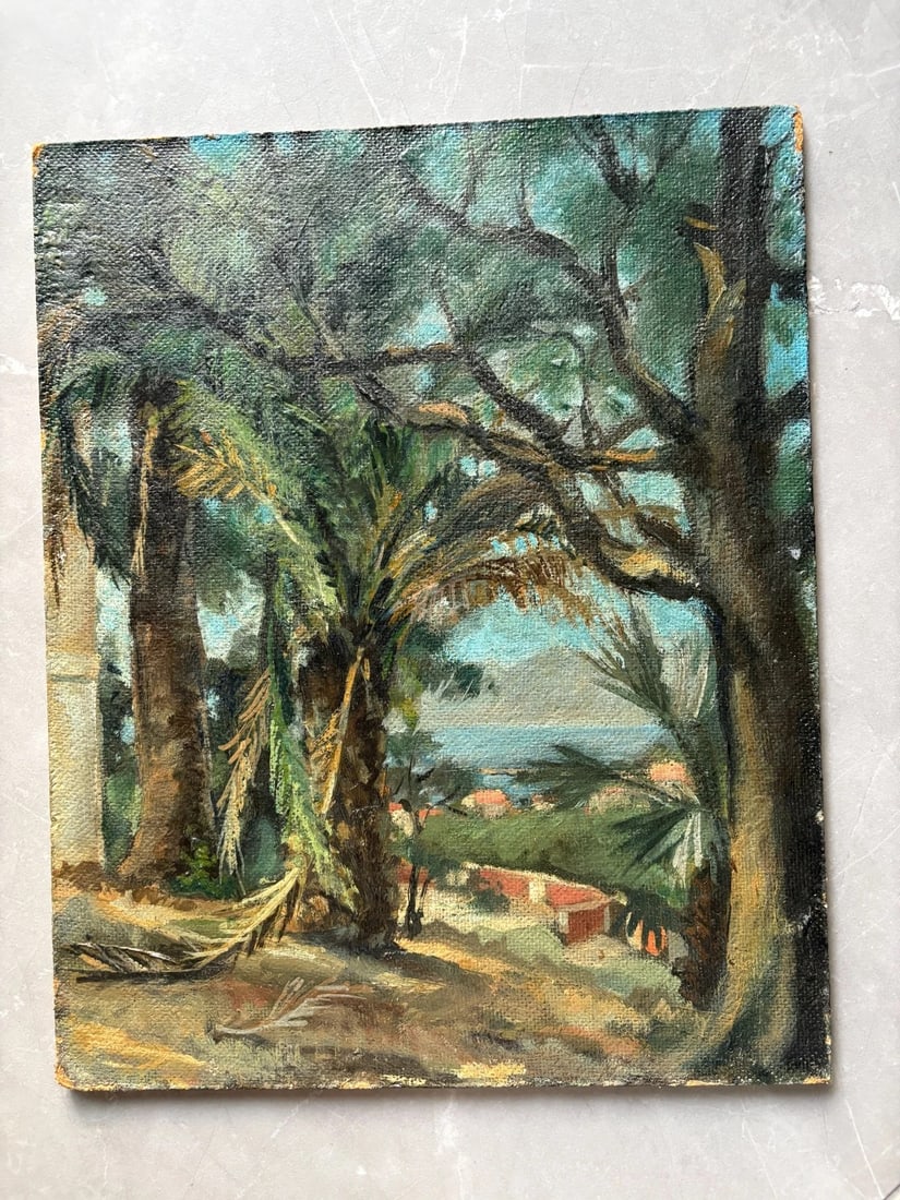 Landscape, Trees, Palm, Seaview - Painting Antique Original - 2