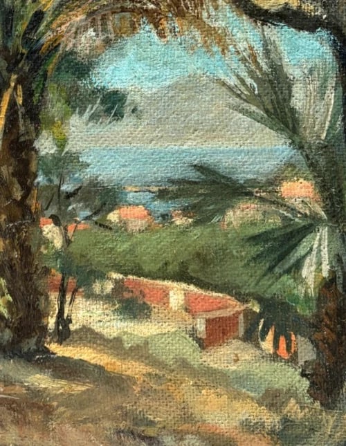 Landscape, Trees, Palm, Seaview - Painting Antique Original - 3