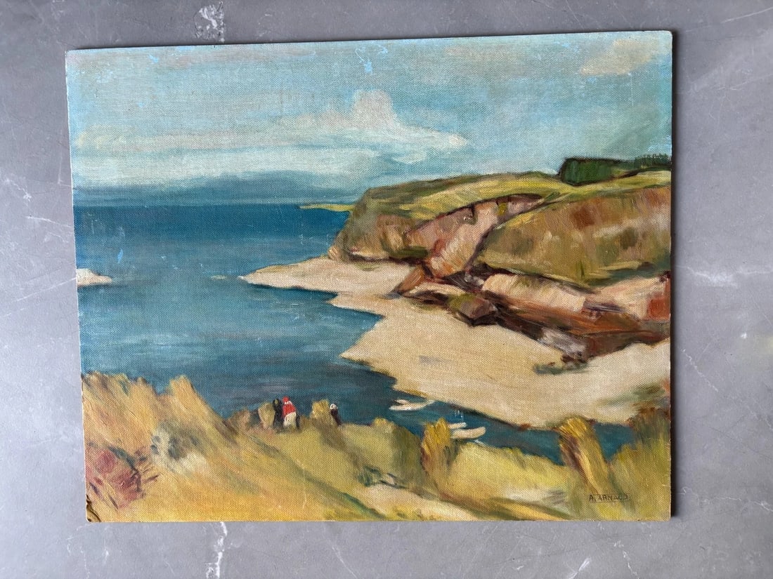Seaview, People, Landscape - Painting Antique Original signed - 6