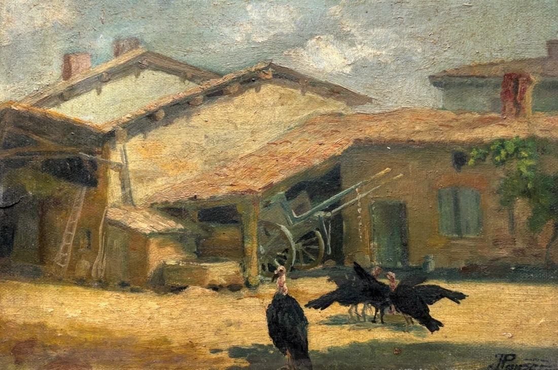 Vulture, Landscape, House, Farm, Birds - Painting Antique Original signed: Title: Vulture, Landscape, House, Farm, Birds - Painting Antique Original signed Description: Vulture, Landscape, House, Farm, Birds - Painting Antique Original signed Oil on cardboard 22 x 31.5 cm /