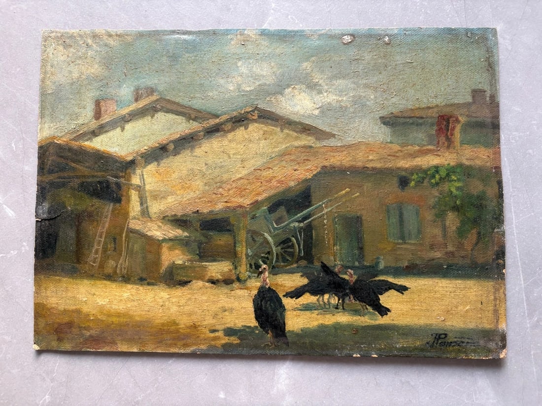 Vulture, Landscape, House, Farm, Birds - Painting Antique Original signed - 2