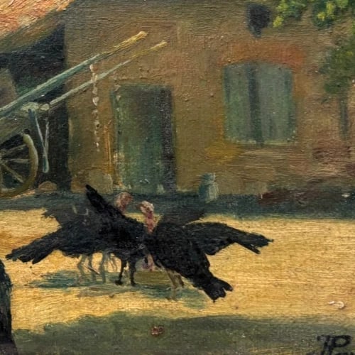 Vulture, Landscape, House, Farm, Birds - Painting Antique Original signed - 3