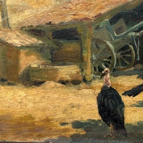 Vulture, Landscape, House, Farm, Birds - Painting Antique Original signed - 4