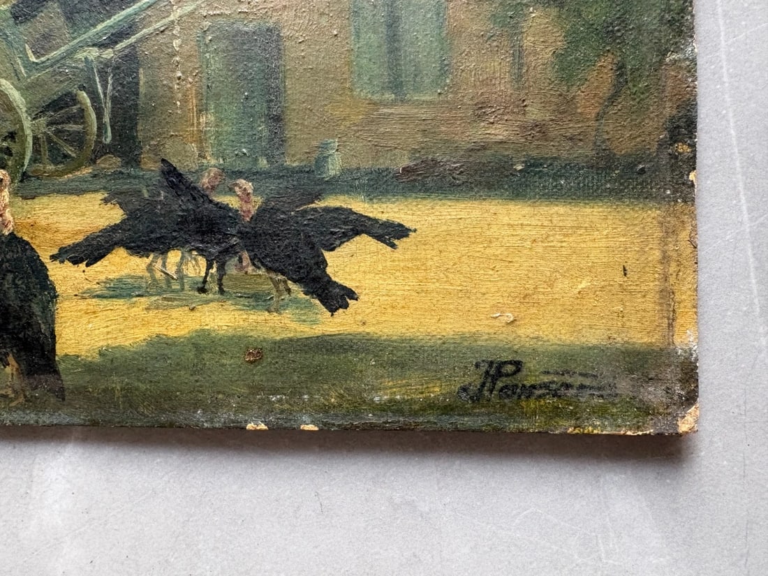 Vulture, Landscape, House, Farm, Birds - Painting Antique Original signed - 7