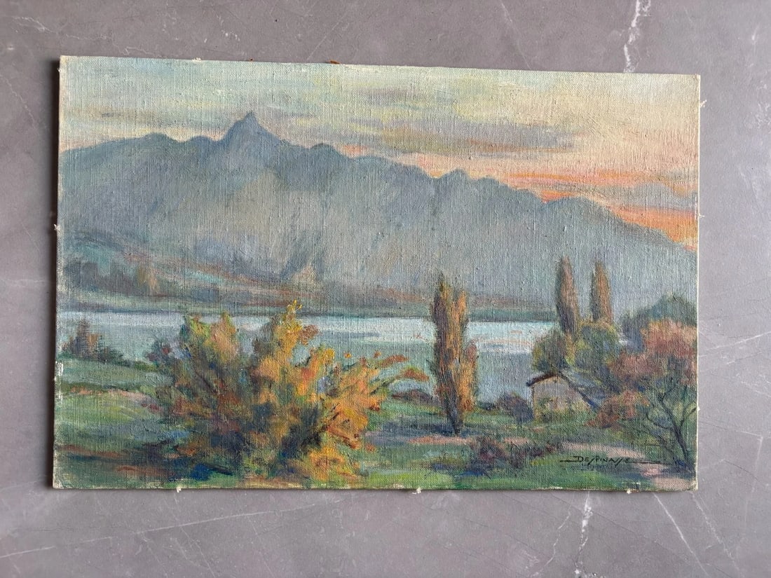 Landscape, Nature, Lake, Mountain, Tresserve Savoie - Painting Antique Original - 2