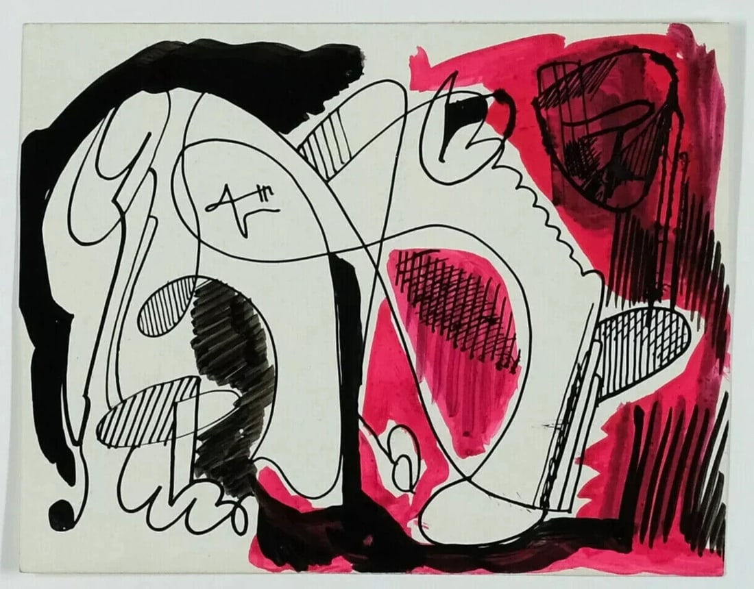 Abstraction, Woman Abstract Drawing Original Signed, Watercolor, Ink - 2