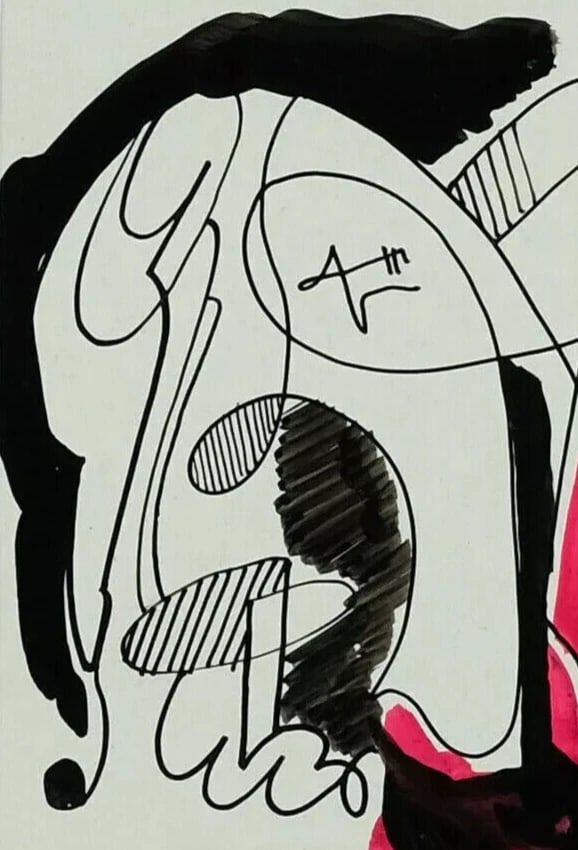 Abstraction, Woman Abstract Drawing Original Signed, Watercolor, Ink - 3