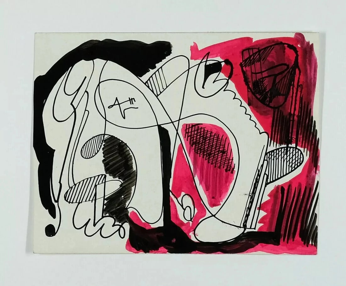 Abstraction, Woman Abstract Drawing Original Signed, Watercolor, Ink - 4