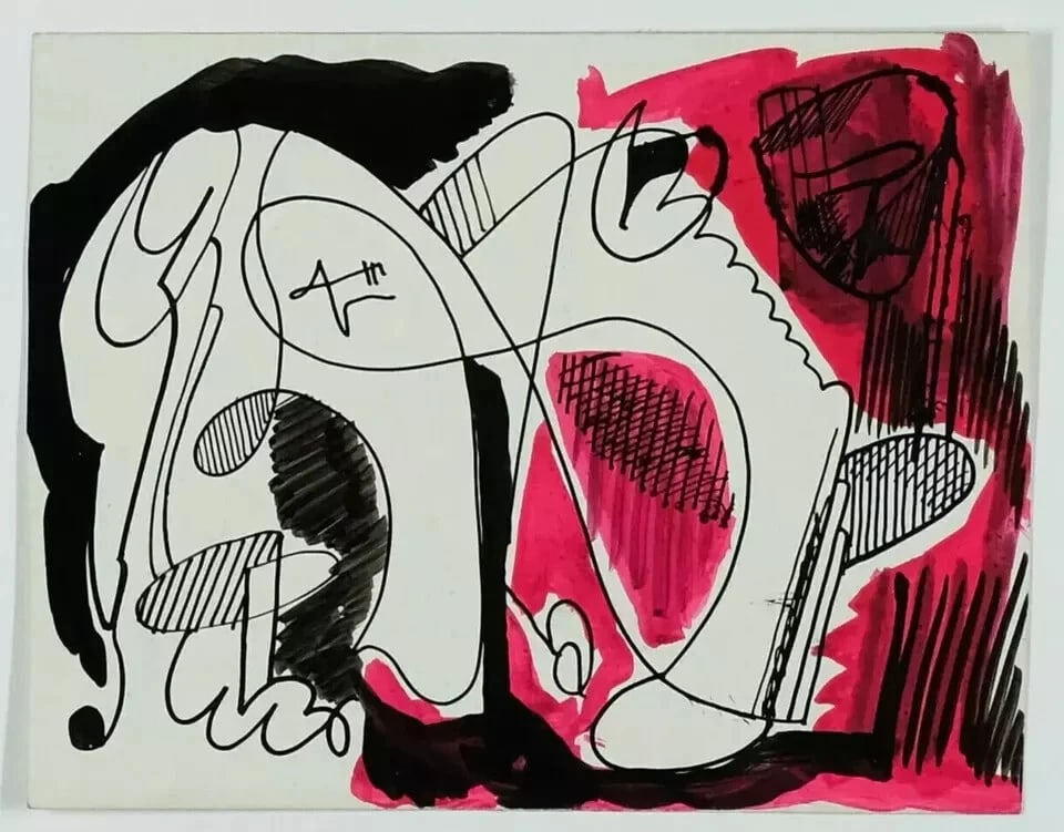 Abstraction, Woman Abstract Drawing Original Signed, Watercolor, Ink - 8