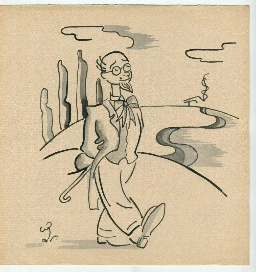 Man Portrait walking, Cane - Drawing Vintage Ink Original Artwork - 5