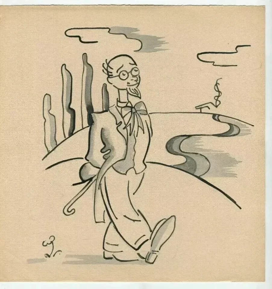 Man Portrait walking, Cane - Drawing Vintage Ink Original Artwork - 8