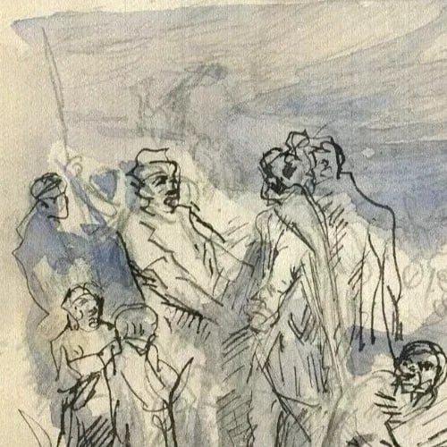 Figures Genre Scene, Animals - Drawing Vintage Ink Original Artwork - 3