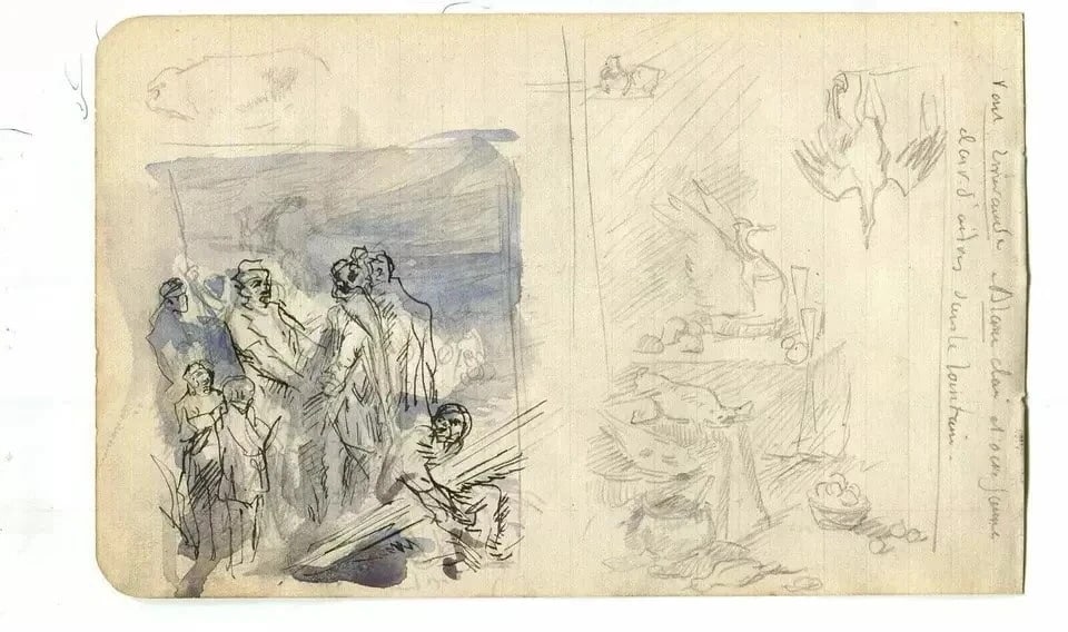 Figures Genre Scene, Animals - Drawing Vintage Ink Original Artwork - 5