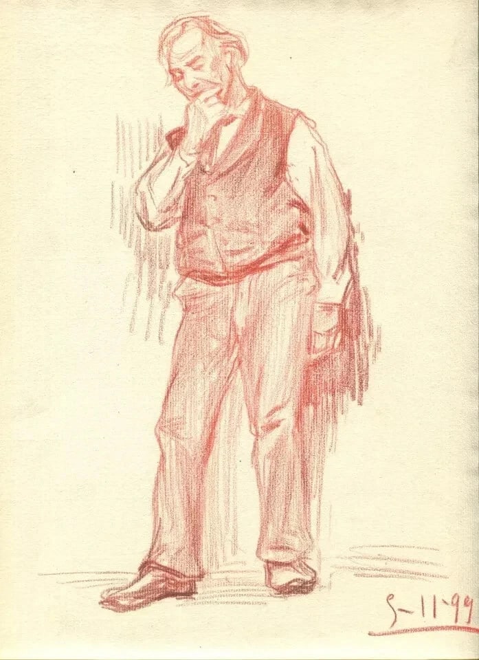 1899 Man Portrait, People - Drawing Vintage Red Chalk Original - 2