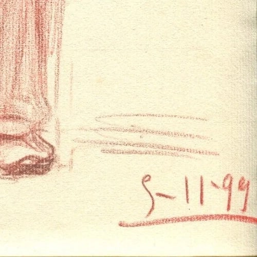 1899 Man Portrait, People - Drawing Vintage Red Chalk Original - 6