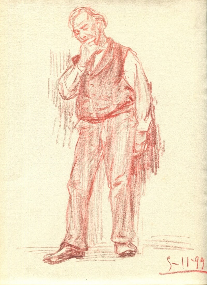 1899 Man Portrait, People - Drawing Vintage Red Chalk Original - 7