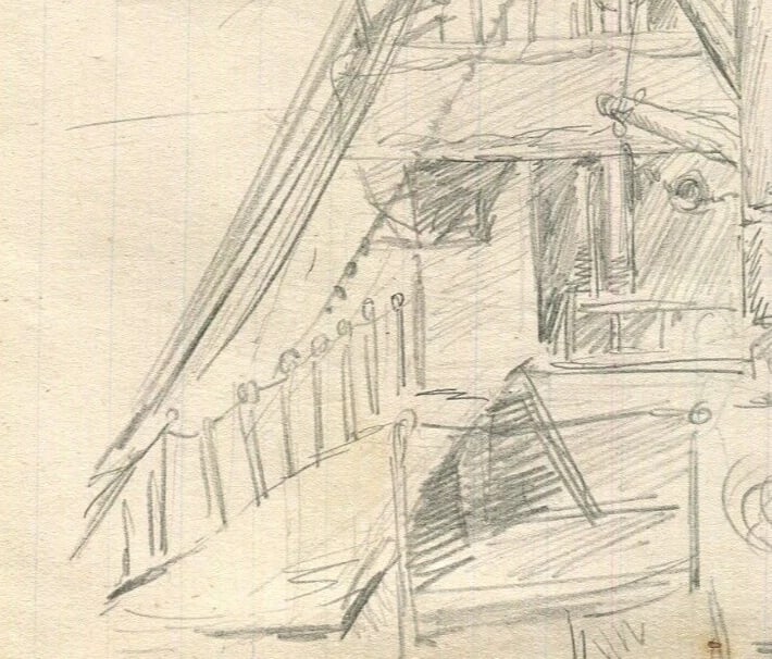 Bow of a Boat, Maritime, Architecture - Drawing Vintage Pencil Original - 7