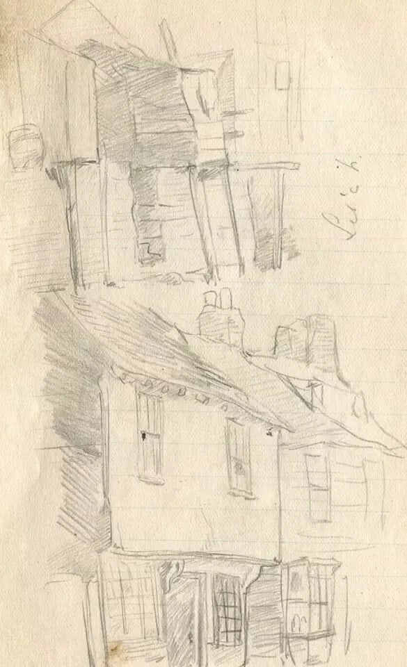 House, Building, Architecture, Cityview Sketch - Drawing Vintage Pencil Original - 6