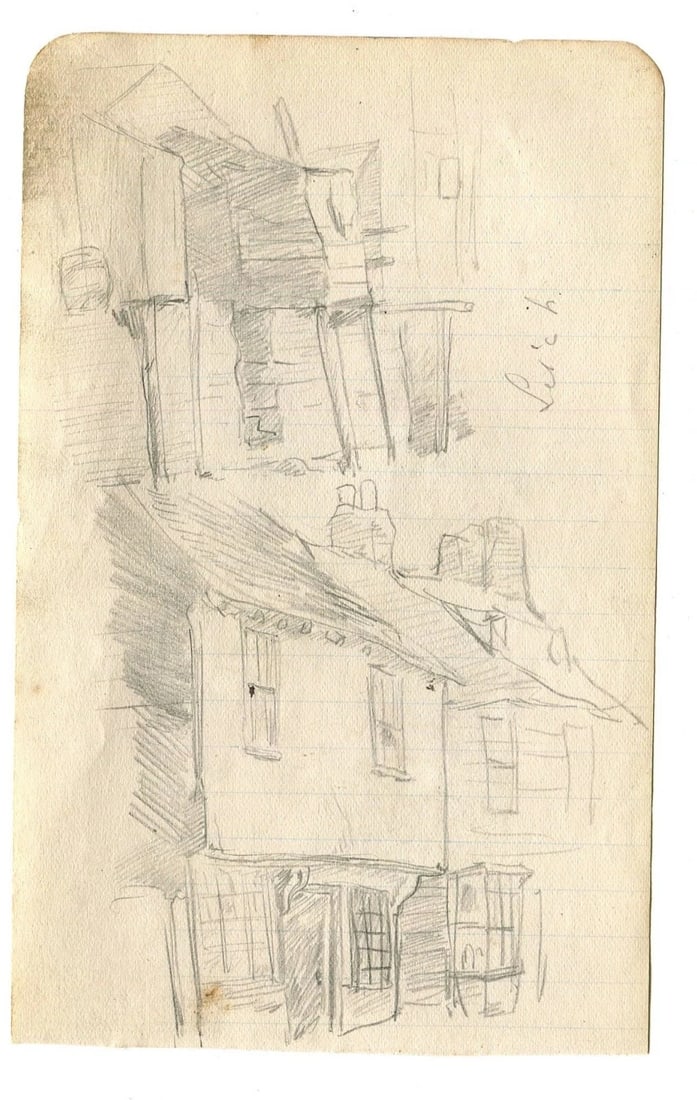 House, Building, Architecture, Cityview Sketch - Drawing Vintage Pencil Original - 8