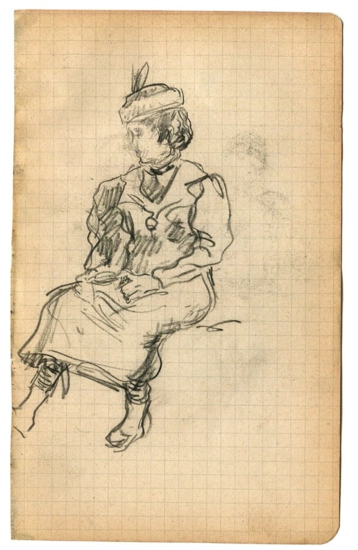 1900 Portrait, Woman, People - Drawing Vintage Pencil Original - 6