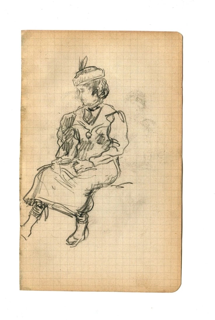 1900 Portrait, Woman, People - Drawing Vintage Pencil Original - 8