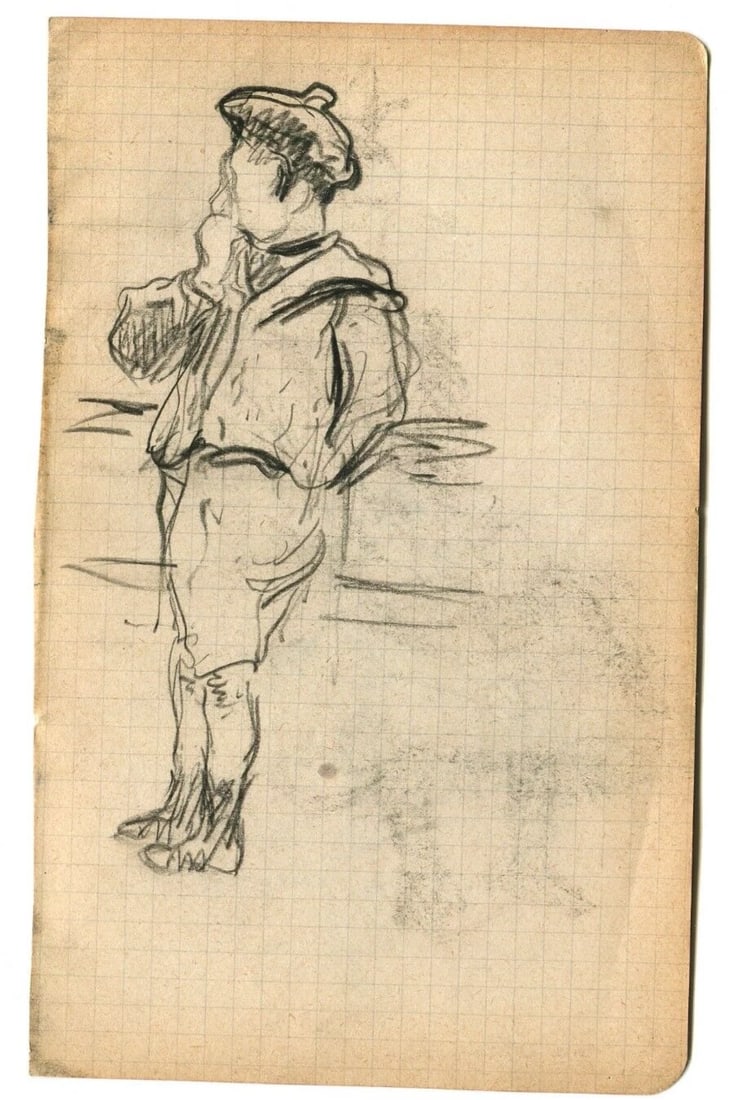 Boy Portrait Hat Maritime - Drawing Vintage Pencil Original signed - 6