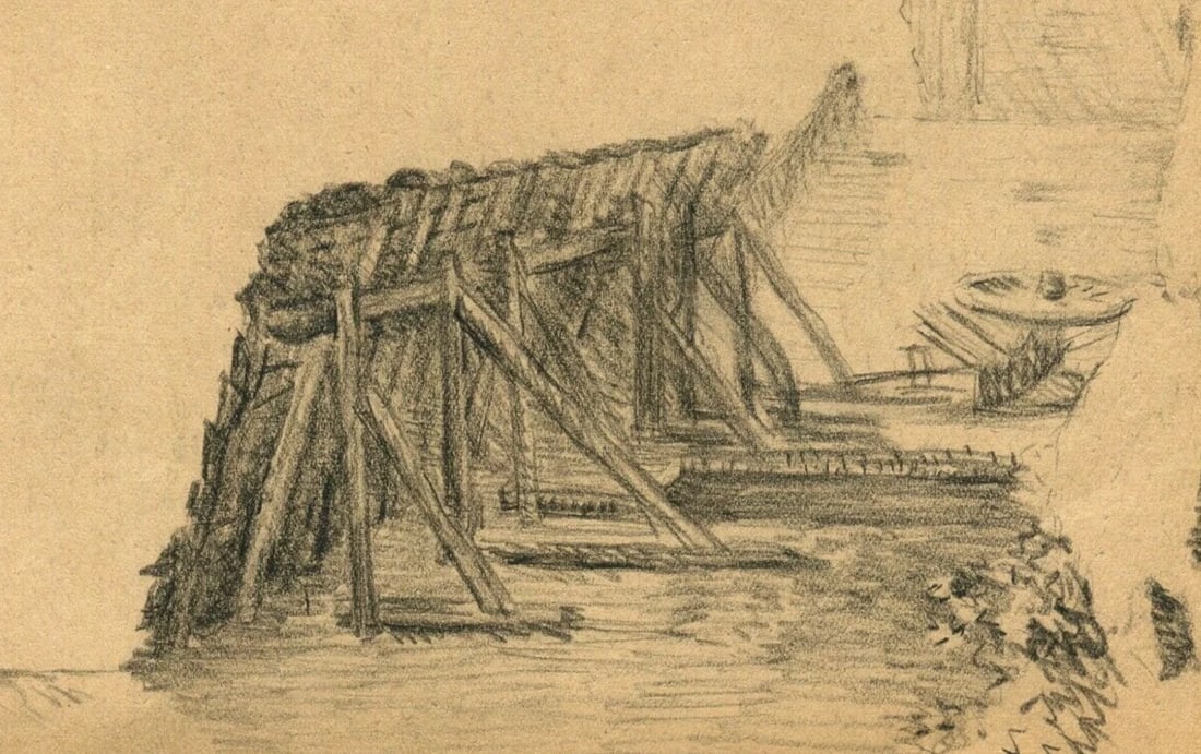 Fortress Dam Landscape - Drawing Vintage Pencil Original signed Artwork (1 of 8)