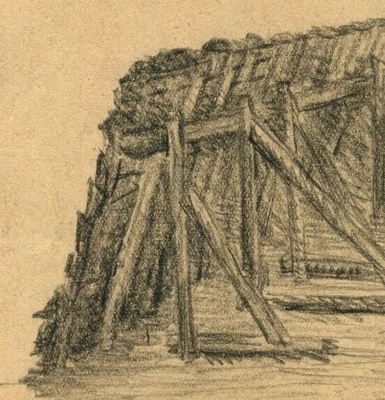 Fortress Dam Landscape - Drawing Vintage Pencil Original signed Artwork - 3