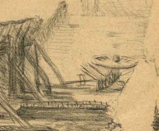 Fortress Dam Landscape - Drawing Vintage Pencil Original signed Artwork - 4