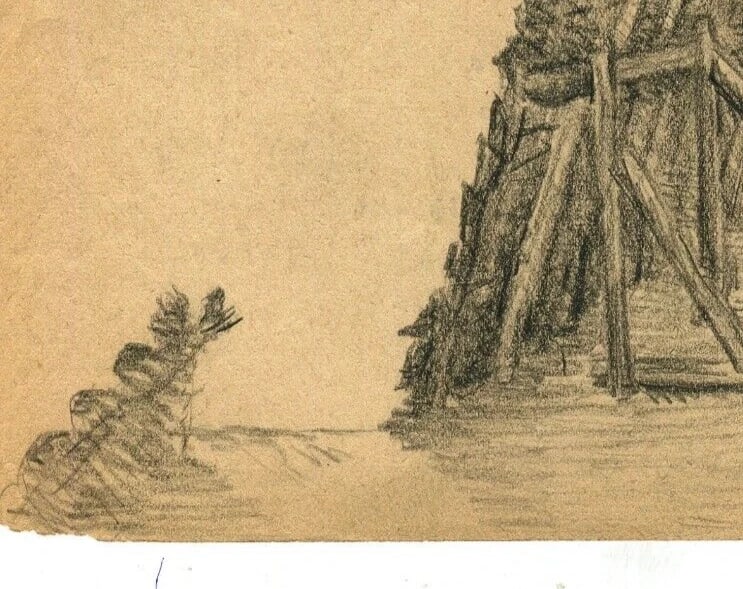 Fortress Dam Landscape - Drawing Vintage Pencil Original signed Artwork - 5