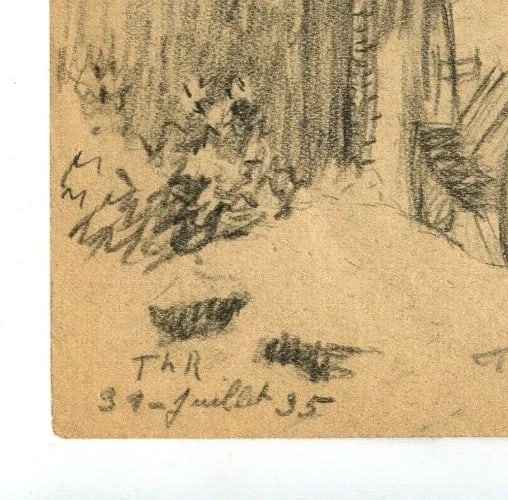 Fortress Dam Landscape - Drawing Vintage Pencil Original signed Artwork - 7