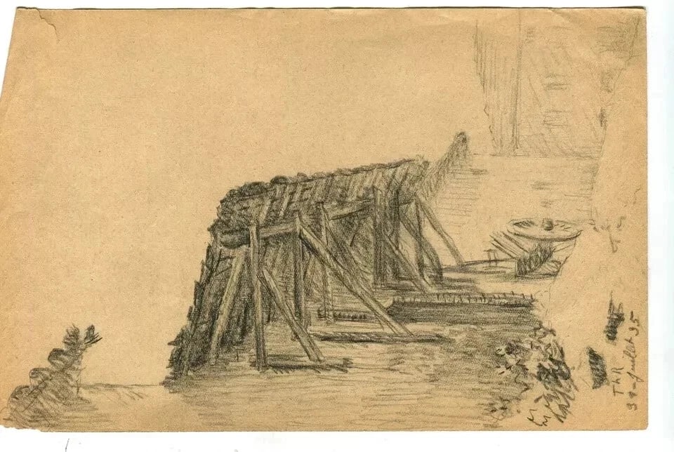 Fortress Dam Landscape - Drawing Vintage Pencil Original signed Artwork - 8