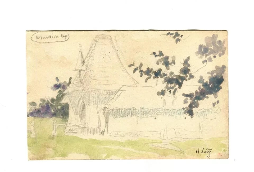 Landscape, House, Farm, Countryside, Tree Drawing Vintage Original Signed - 2