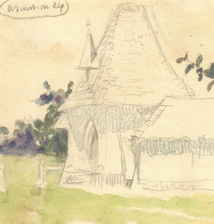 Landscape, House, Farm, Countryside, Tree Drawing Vintage Original Signed - 3