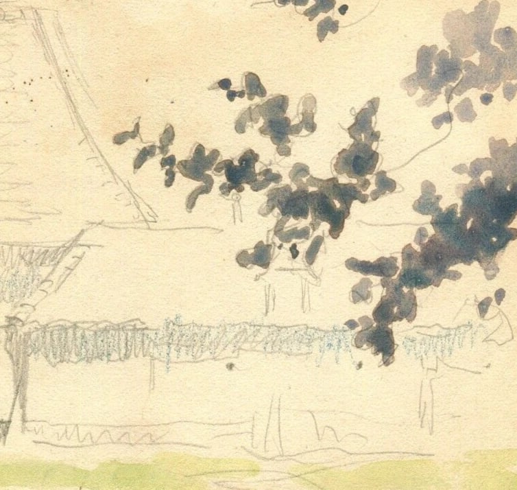 Landscape, House, Farm, Countryside, Tree Drawing Vintage Original Signed - 4