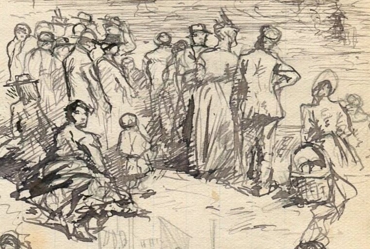 Family Figures, Women, Sailors, People Sketch - Drawing Vintage Ink Original - 2