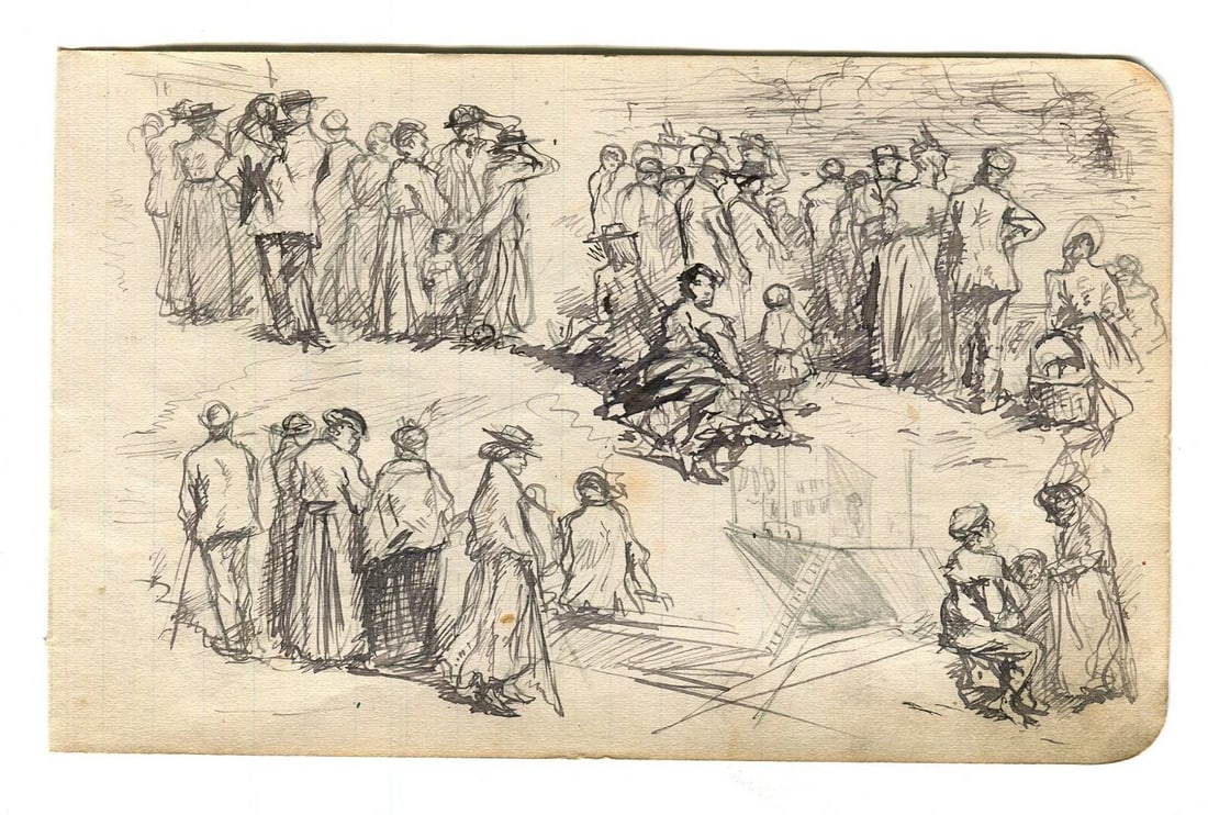 Family Figures, Women, Sailors, People Sketch - Drawing Vintage Ink Original - 6