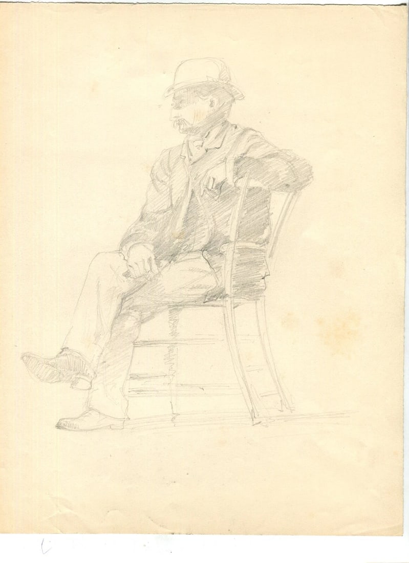 Man Portrait Sitting, Hat - Drawing Vintage Pencil Original Artwork - 2