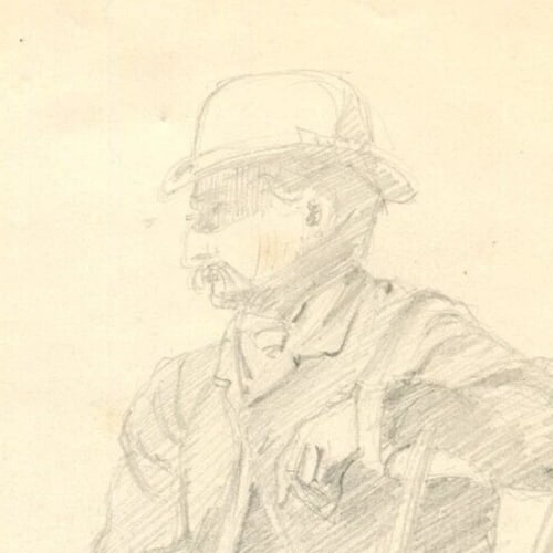 Man Portrait Sitting, Hat - Drawing Vintage Pencil Original Artwork - 3