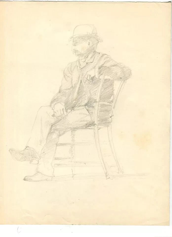 Man Portrait Sitting, Hat - Drawing Vintage Pencil Original Artwork - 5
