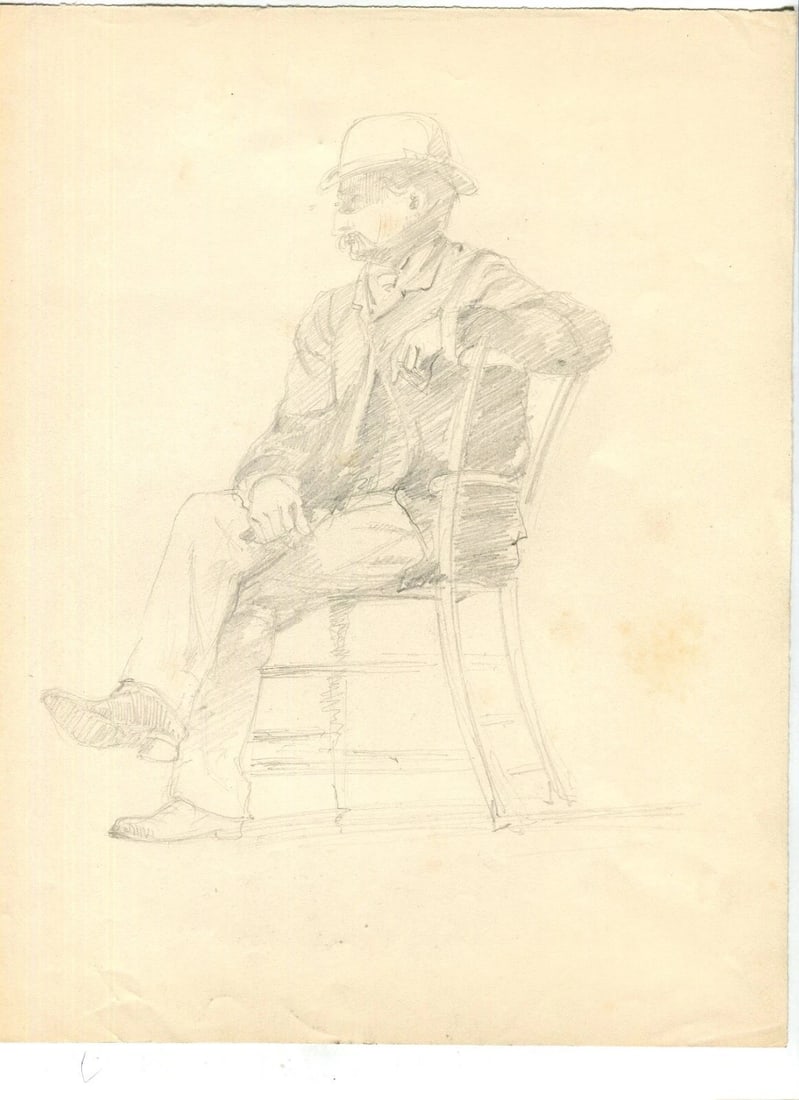 Man Portrait Sitting, Hat - Drawing Vintage Pencil Original Artwork - 8