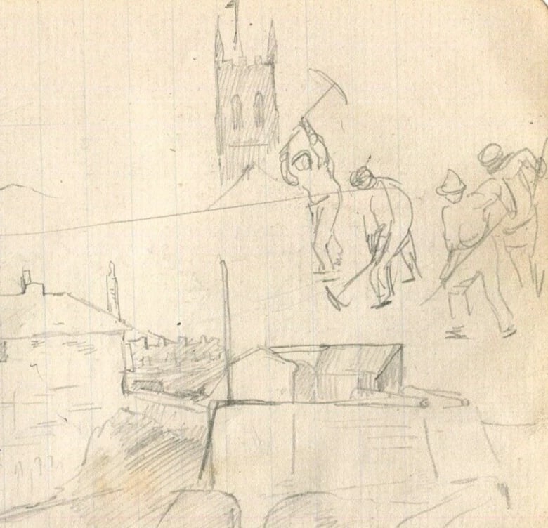 People, Buildings, Workers in the City - Drawing Vintage Pencil Original: Title: People, Buildings, Workers in the City - Drawing Vintage Pencil Original Description: Pencil Drawing of Workers in the City Original Pencil on paper (double-sided) 9.5 x 15 cm / 3.74 x 5.90 inc